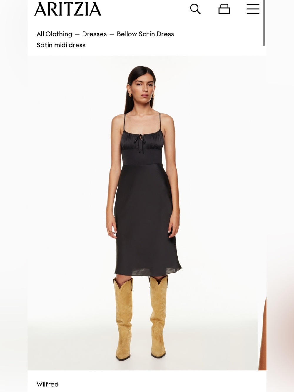 Aritzia Wilfred Black Satin Midi Dress with Tie Front